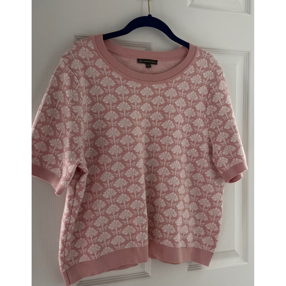 Adrianna Papell Pink Floral Pattern Retro Short Sleeve Knit Top Women's Size L - Picture 5 of 7